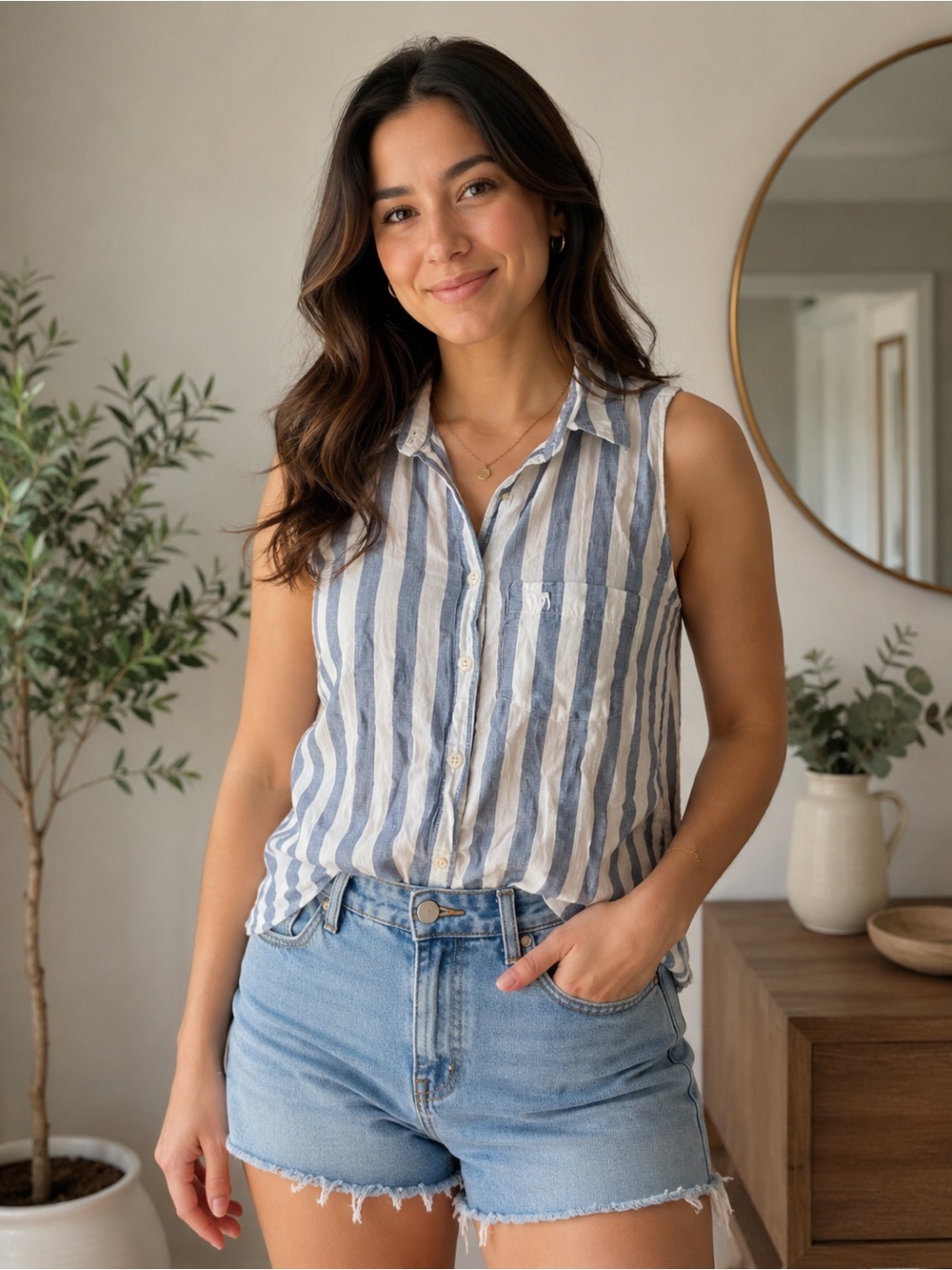 Abercrombie & Fitch Blue and White Striped Button-Front Sleeveless Top
